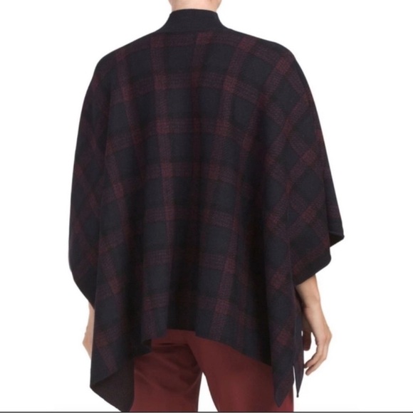 Theory Florencia Burgundy Plaid Wool Poncho Cape Turtleneck - Picture 2 of 13